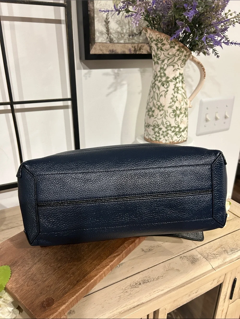 Coccinelle Structured Navy Leather Satchel with Gold Accent - Designer Inspired